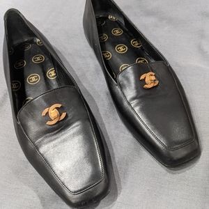 Chanel CC logo wedge sole flat black shoes excellent
